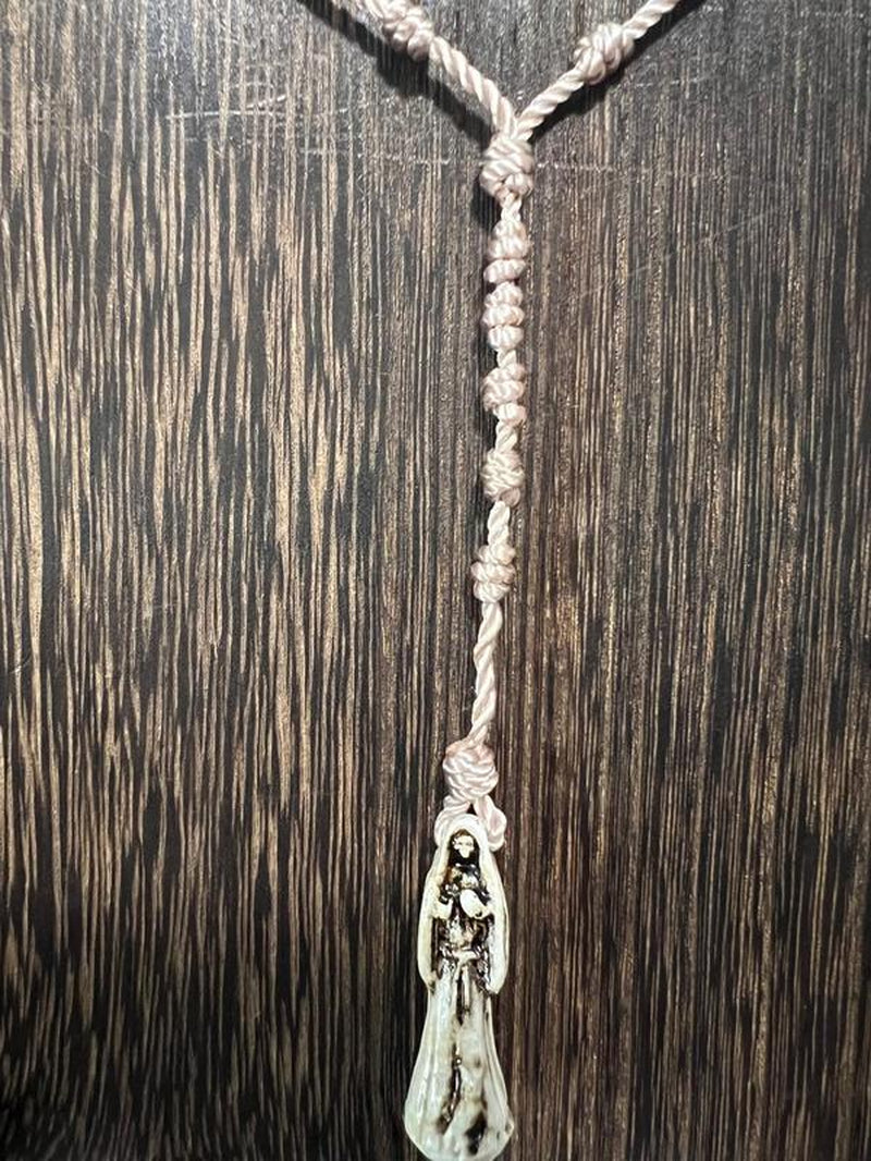 Bone Color Santa Muerte Thread Rosary with Pendant, Unisex, 18 Inches Long