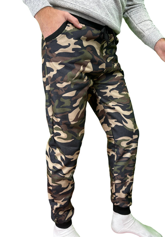 Mens Camouflage Track Pants Fleece Lined Jogger Camo Sweatpants Trackies - Green