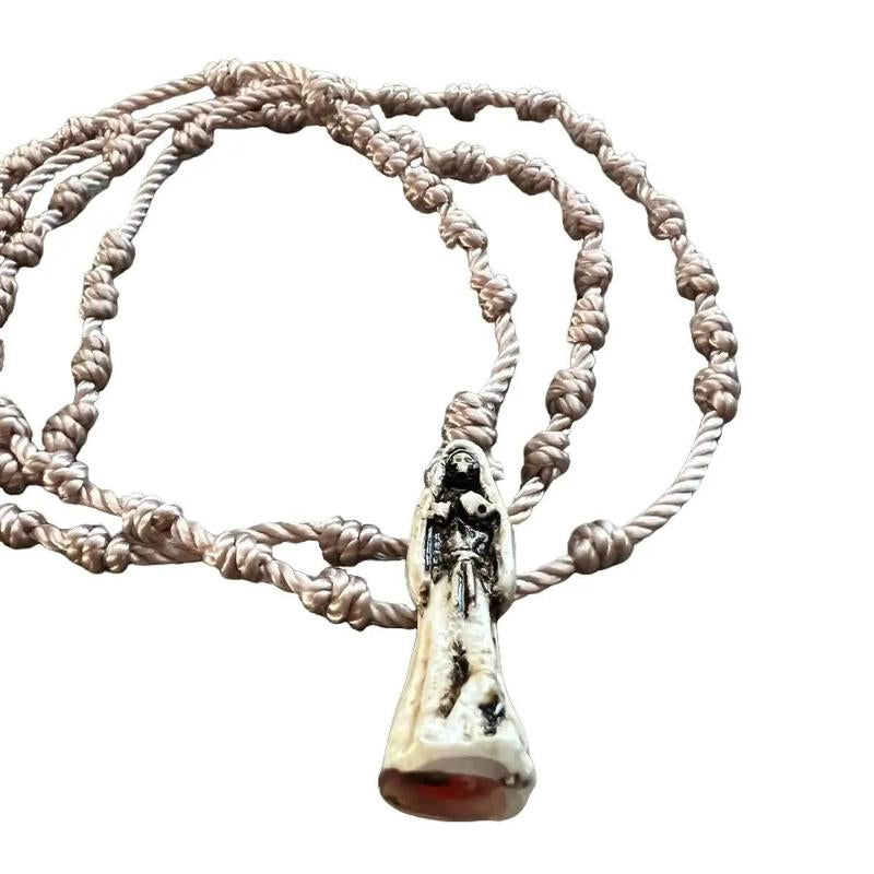 Bone Color Santa Muerte Thread Rosary with Pendant, Unisex, 18 Inches Long