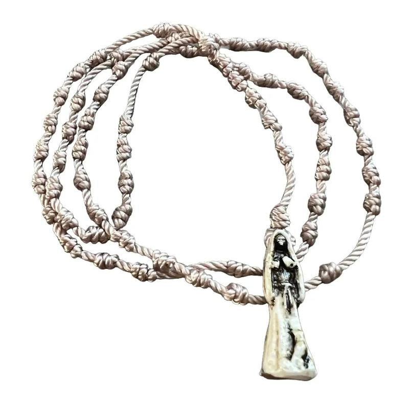 Bone Color Santa Muerte Thread Rosary with Pendant, Unisex, 18 Inches Long